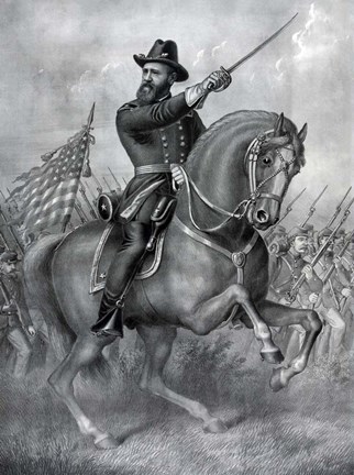 Framed General Benjamin Harrison on horseback, during the Battle of Resaca Print