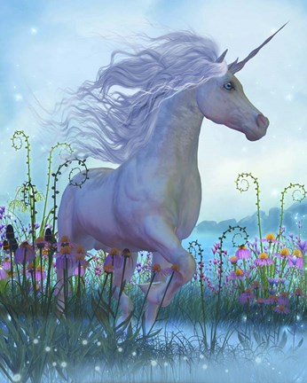 Framed White Unicorn Stallion in a Garden Full of Flowers and Plants Print