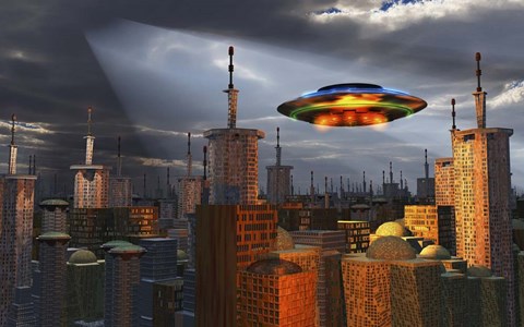 Framed Alien Flying Saucer Flying Over a Futuristic City Print