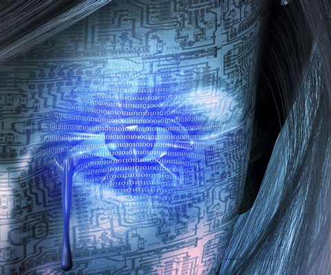 Framed Cyborg Woman Cries Binary Code, Circuit Pattern Print