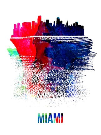 Framed Miami Skyline Brush Stroke Watercolor Print