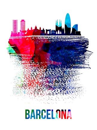 Framed Barcelona Skyline Brush Stroke Watercolor Print