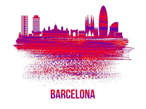 Framed Barcelona Skyline Brush Stroke Red Print
