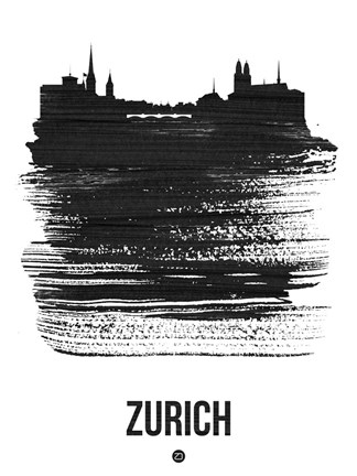 Framed Zurich Skyline Brush Stroke Black Print