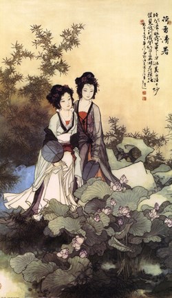 Framed Ladies With Lotus Flowers Print