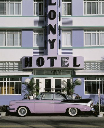 Framed Classic Car Colony Hotel Miami Beach Print