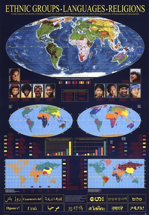Framed World Map of Ethnic Groups, Languages, Religions Print