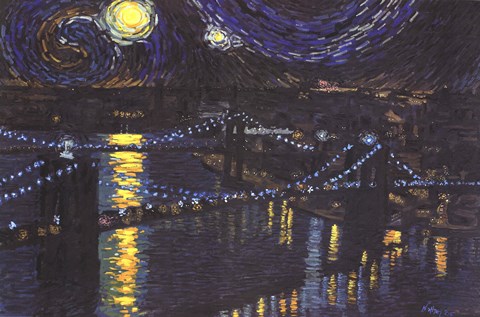 Framed Starry Night over Brooklyn Bridge Print