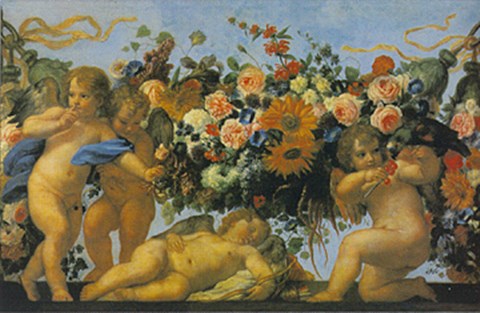 Framed Angeli con ghirlanda di fiori Print