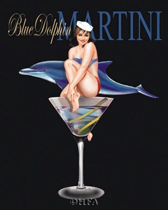 Framed Blue Dolphin Martini Print