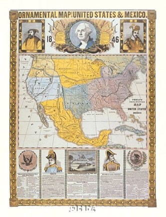Framed Ornamental Map/United States and Mexico Print