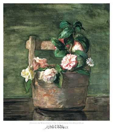 Framed Camellias &amp; Roses in Japanese Vase Print