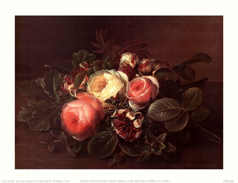 Framed Roses &amp; Honeysuckle on a Ledge Print