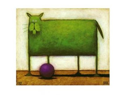 Framed Green Cat with Ball Print
