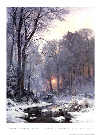 Framed Twilit Wooded River in the Snow Print
