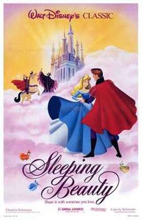 Framed Sleeping Beauty Dancing on Clouds with Prince Charming Print