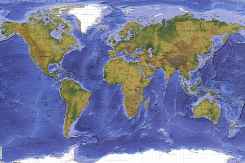 Framed World Terrain Map Print