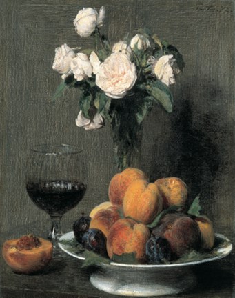 Framed Roses Fruits Et Verre De Vin Print