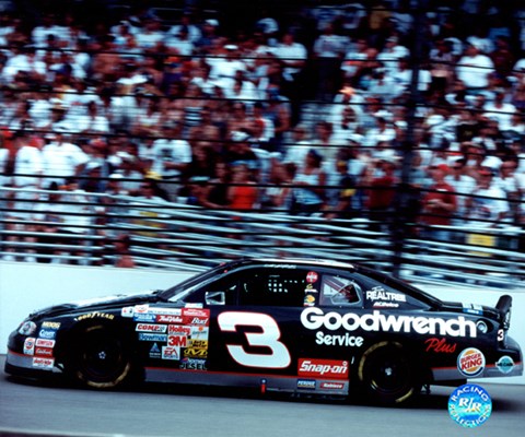 Framed Dale Earnhardt car on track, side view, crowd in background Print