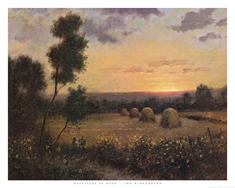Framed Haystacks At Dusk Print