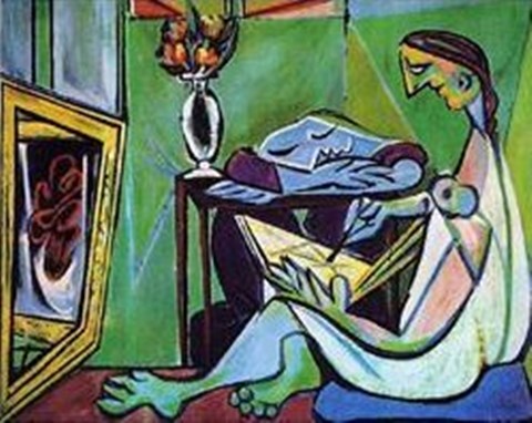 Framed Woman Drawing In Front Of Mirror (Gic) Print