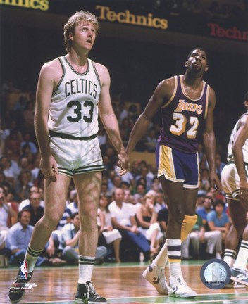 Framed Larry Bird and Magic Johnson On The Court Print