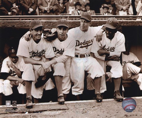 Framed Jackie Robinson - First Day, with Spider Jorgenson, Pee Wee Reese, Ed Stankey Print