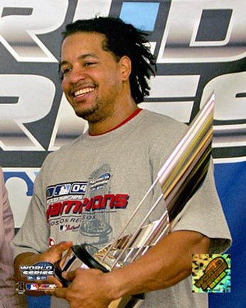Framed Manny Ramirez with 2004 World Series MVP Trophy Print