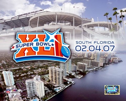 Framed Super Bowl XLI - 2/04/07 Logo-Stadium / Aerial Miami City View Print