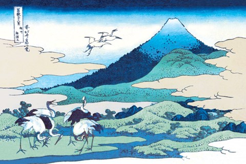 Framed Cranes Nearby Mount Fuji Print