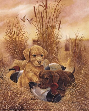 Framed Lab Pups With Decoys Print
