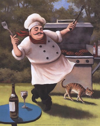 Framed Barbecue Chef with Cat Print