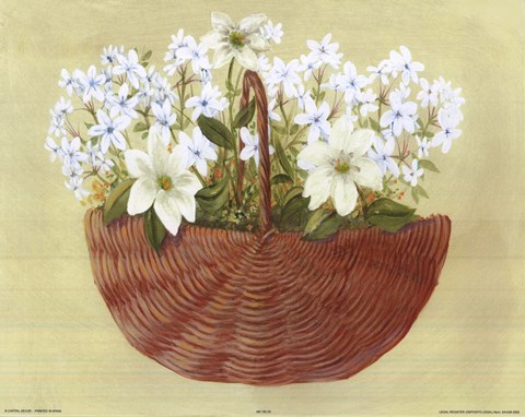 Framed White Blue Flowers In Wicker Basket Print