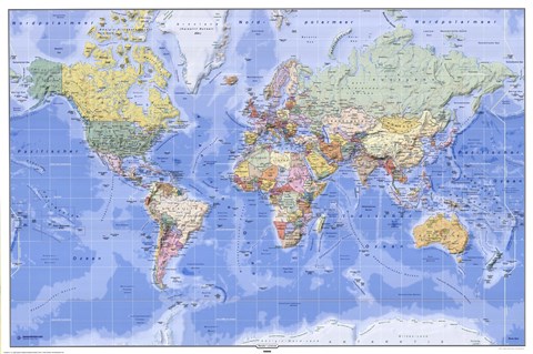 Framed Political/Physical Map of the World - (mercator projection) Print