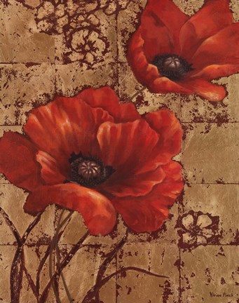 Framed Poppies on Gold I Print