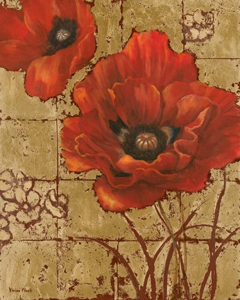 Framed Poppies on Gold II Print