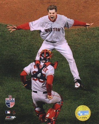 Framed Jonathan Papelbon / Jason Varitek -  '07 Celebrate  World Series Game 4 Print