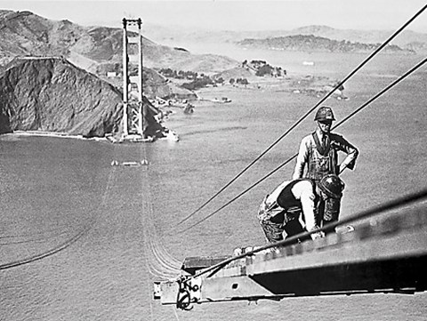 Framed Workmen on the Catwalk of Golden Gate Bridge Print