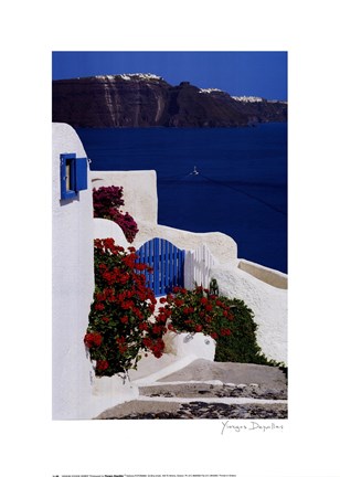Framed Geraniums with View of Santorini Print