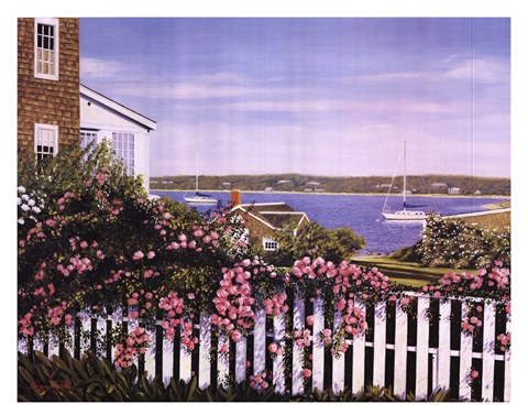 Framed Seascape With Picket Fence And Roses Print