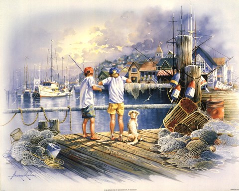Two Boys Fishing on Dock Fine Art Print by Andres Orpinas at