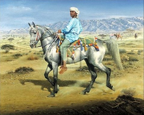 Framed Omani Boy on his Arab Stallion (Le) Print