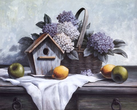 Framed Birdhouse, Hydrangea, Apple Print