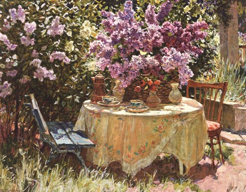 Framed Garden Table with Blue Chair Print