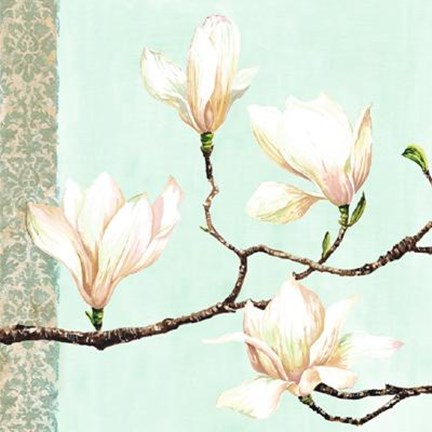 Framed Magnolias On Turquoise Print