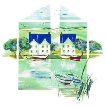 Framed Two Blue Roofs And Boats Print