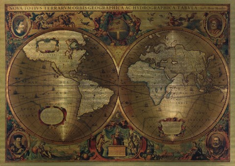 Framed Vintage World Map (metallic) Print