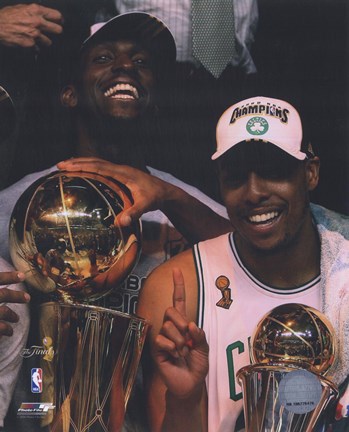 Framed Kevin Garnett &amp; Paul Pierce, Game Six of the 2008 NBA Finals With Trophies; Celebration #31 Print