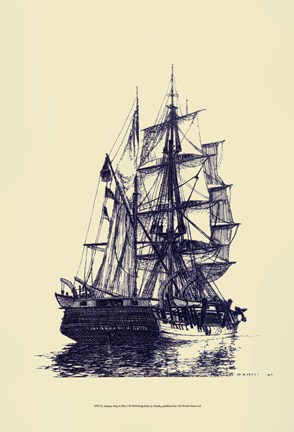 Framed Antique Ship in Blue I Print