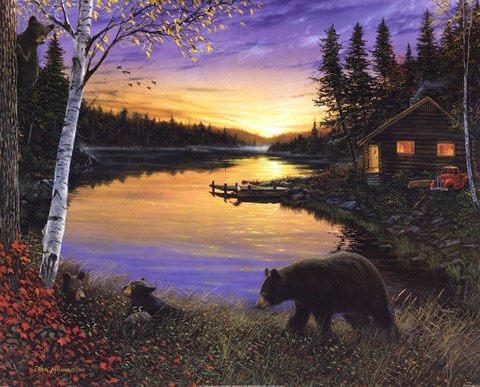 Framed Cabin on the Pond-Sunset Print